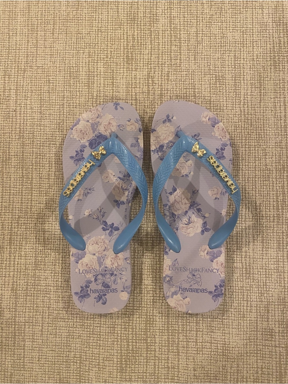 LOVE SHACK FANCY X HAVAIANAS Light Blue Floral Flip Flops with Pale Yellow Roses